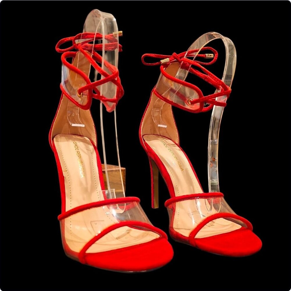 Red Strappy High Heel Sandals With Clear PVC & Ankle Tie Detail Elegant Evening - Picture 5 of 9